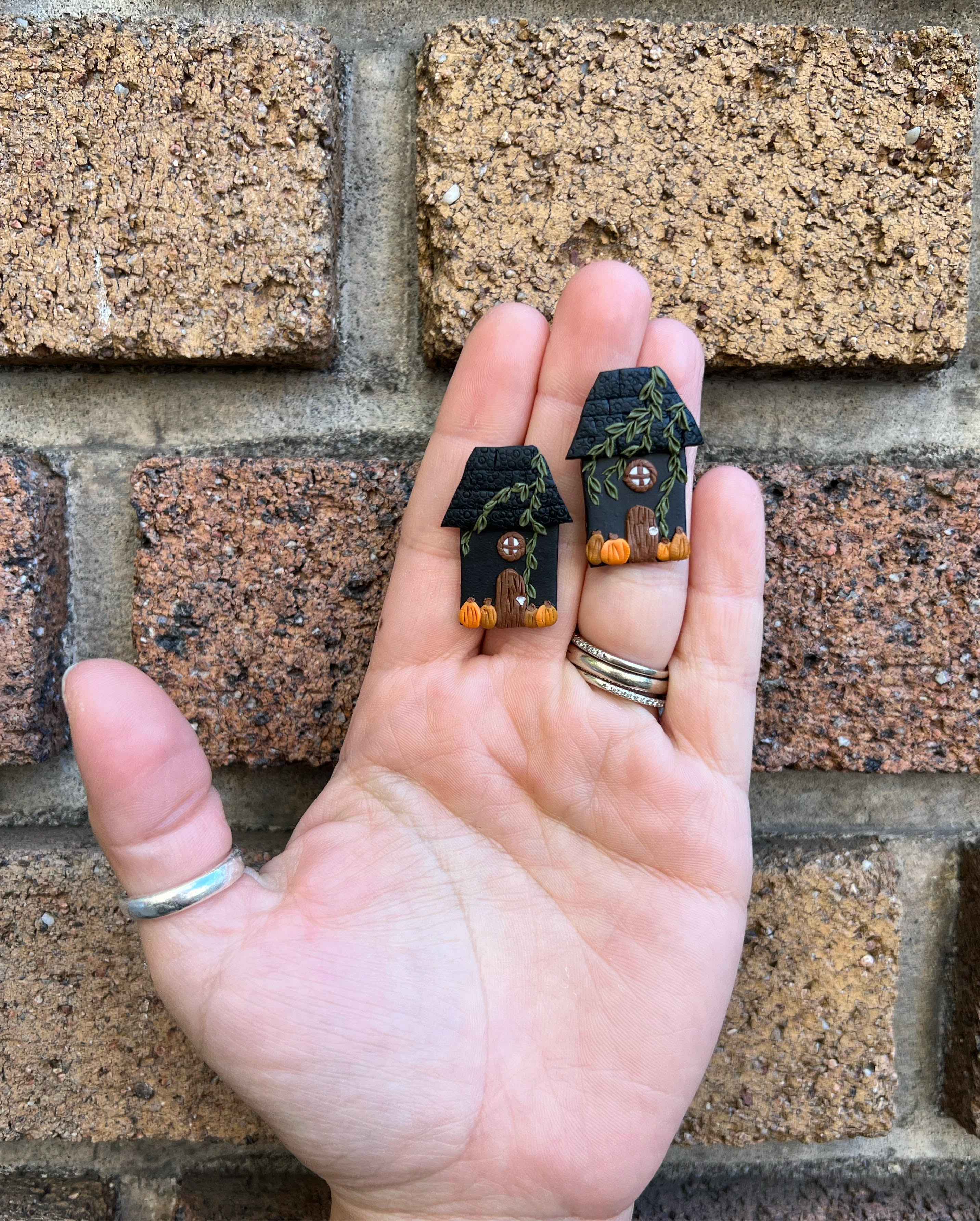 Halloween houses with pumpkin polymer clay earrings